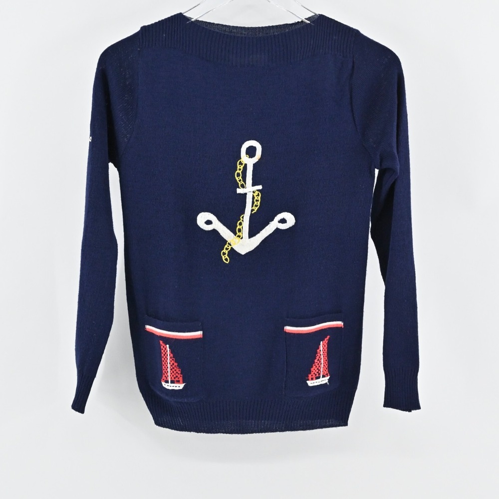 True Vintage Sweater Womens Sz M Navy Red Anchor Nautical Sailor Sailboat‎ 1960s